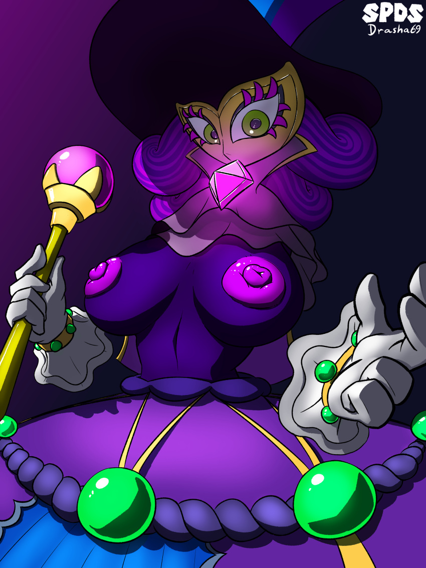 absurd_res anthro areola breasts clothed clothing drasha69 dress eyelashes female glistening glistening_areola glistening_eyes glistening_nipples gloves grape_(pps) hair handwear hat headgear headwear hi_res looking_at_viewer mask nintendo nipples princess_peach_showtime! simple_background solo staff