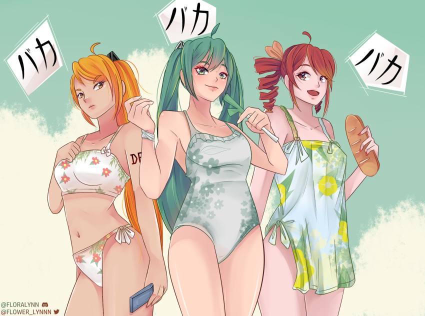 3girls ahoge akita_neru aqua_hair baguette bikini blonde_hair bread cloud cloudy_sky commentary drill_hair english_commentary floral_print floral_print_bikini flower_lynnn food hatsune_miku high_ponytail highres holding holding_food holding_spring_onion holding_vegetable kasane_teto looking_at_viewer looking_to_the_side multiple_girls nail_polish one-piece_swimsuit outdoors print_bikini print_swimsuit red_hair red_nails sky spring_onion standing swimsuit triple_baka_(vocaloid) twin_drills twintails utau vegetable vocaloid