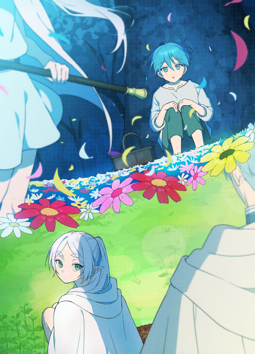 1boy 1girl absurdres age_progression ayuppe basket blue_eyes blue_hair cloak commentary_request dress field flower forest frieren from_behind green_eyes high_ponytail highres himmel_(sousou_no_frieren) knees_to_chest long_hair looking_at_another nature parted_bangs parted_lips pointy_ears short_hair sitting sousou_no_frieren tree white_cloak white_dress