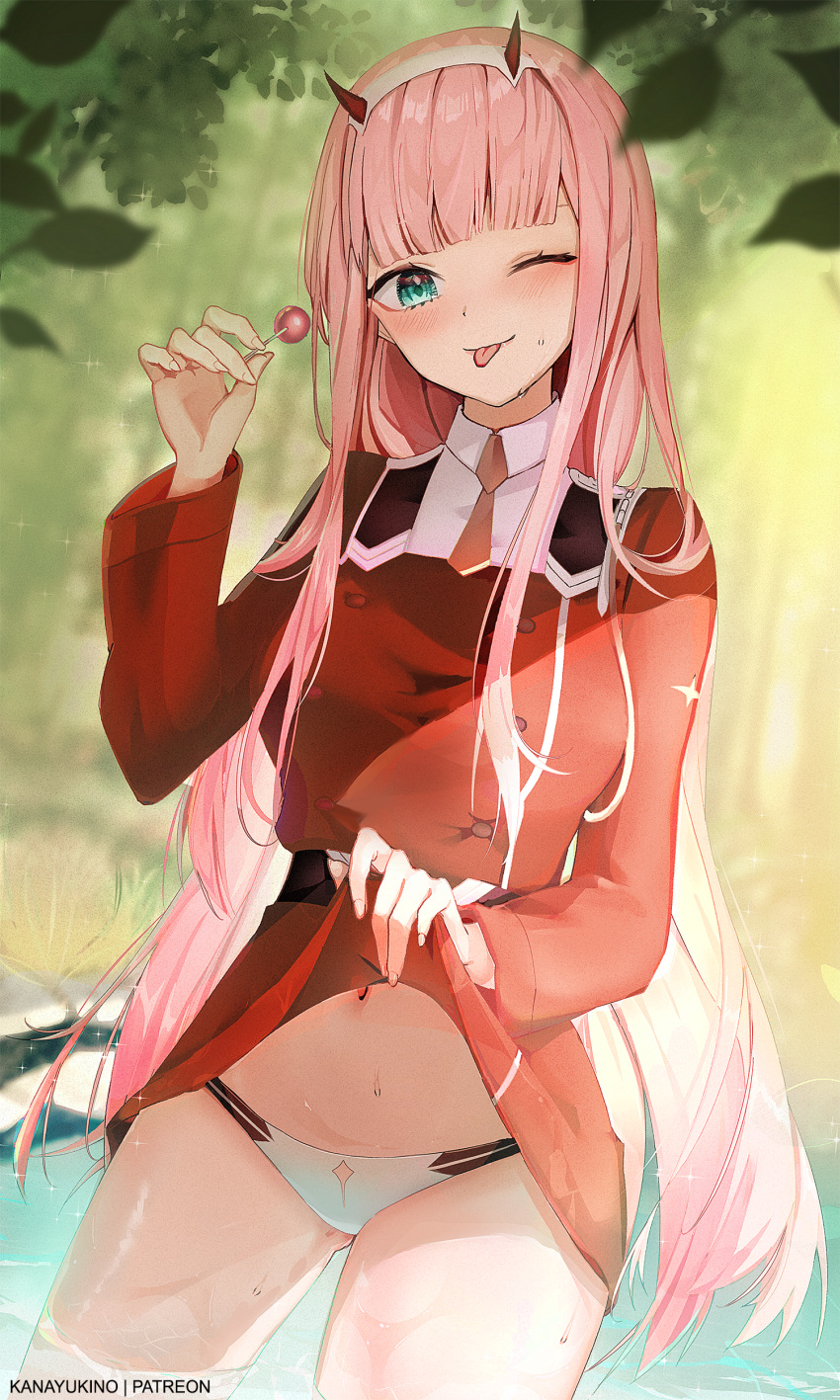 1girl :p absurdres blush breasts clothes_lift couple darling_in_the_franxx green_eyes hairband highres horns kana_yukino long_hair looking_at_viewer medium_breasts military_uniform necktie one_eye_closed pink_hair red_horns skirt skirt_lift smile solo stomach thighs tongue tongue_out uniform white_hairband zero_two_(darling_in_the_franxx)