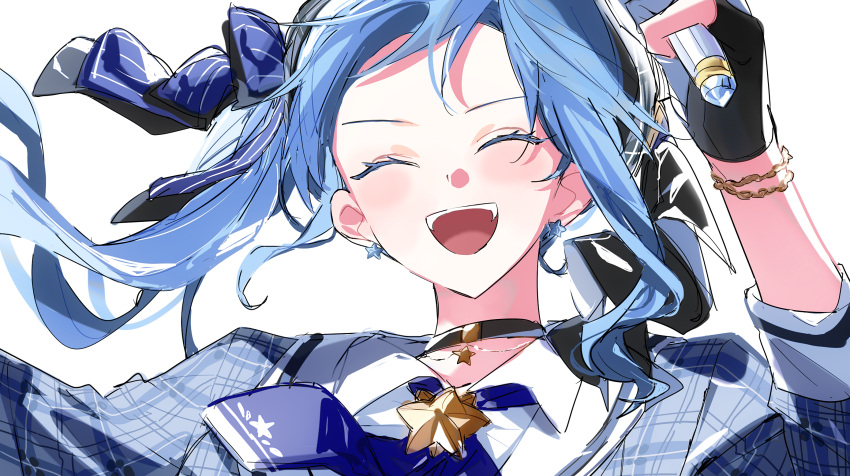 1girl ascot black_gloves black_hat blue_ascot blue_hair blue_jacket blush choker closed_eyes commentary_request facing_viewer fingerless_gloves gloves hand_up highres hololive hoshimachi_suisei hoshimachi_suisei_(1st_costume) jacket ok_o_o open_mouth plaid plaid_jacket side_ponytail simple_background sketch smile solo star_(symbol) star_choker teeth upper_body upper_teeth_only virtual_youtuber white_background