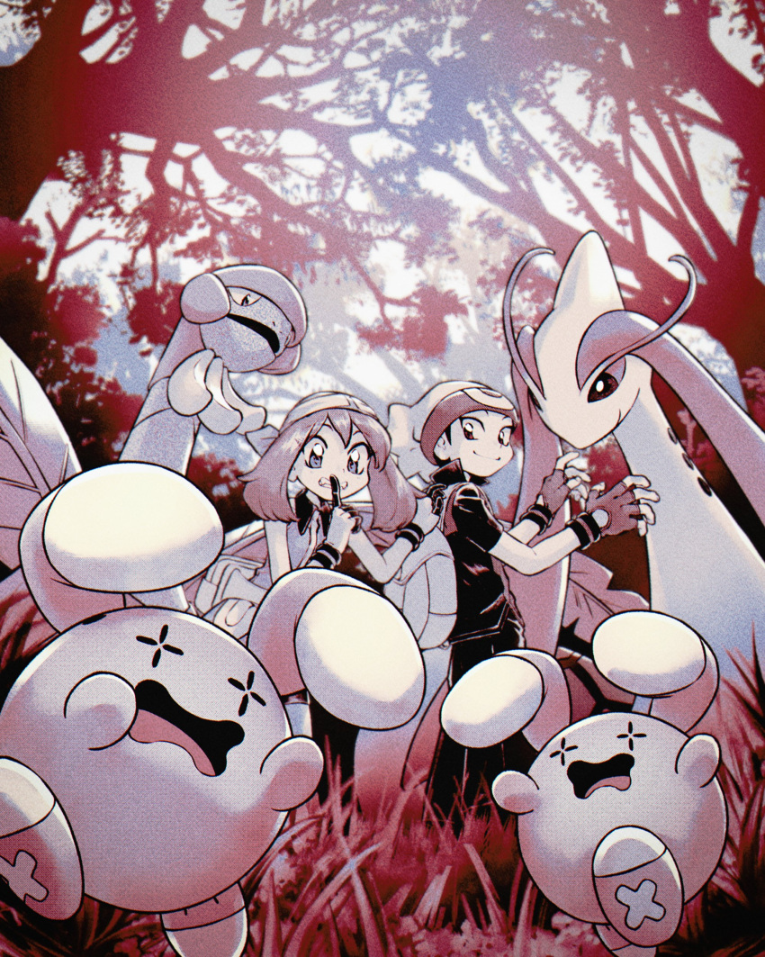 1boy 1girl absurdres banana bandana brendan_(pokemon) clenched_teeth closed_mouth commentary_request fingerless_gloves food fruit funabara_tsuitta_tsunagemashita gloves grass highres index_finger_raised may_(pokemon) medium_hair milotic monochrome outdoors pokemon pokemon_(creature) pokemon_adventures smile standing teeth tree tropius wavy_mouth whismur