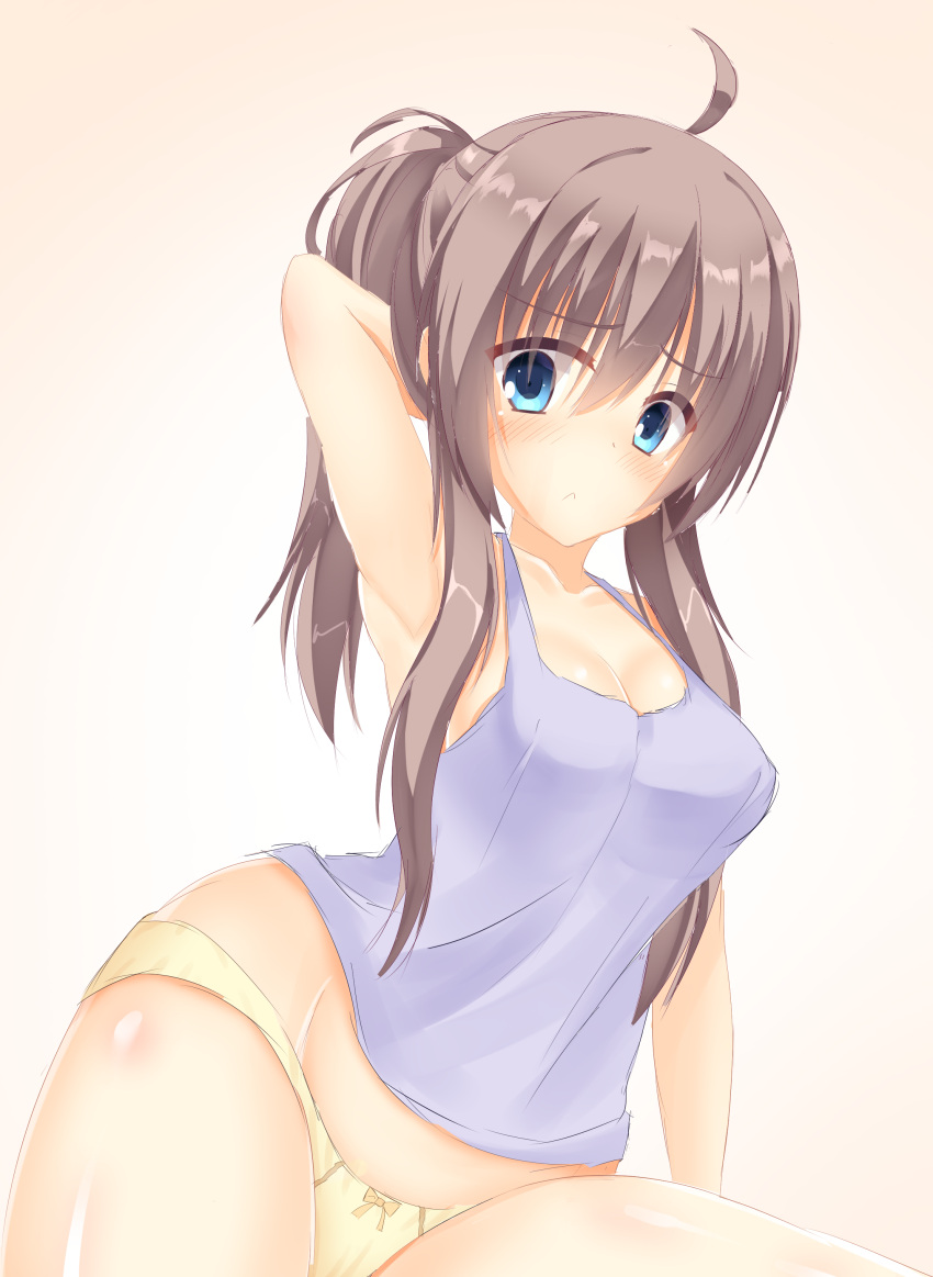 1girl :&lt; absurdres ahoge alternate_costume aqua_eyes armpits blue_camisole blush breasts camisole cleavage clip_studio_paint_(medium) closed_mouth collarbone commentary_request cowboy_shot curvy embarrassed eyes_visible_through_hair frown furrowed_brow hair_between_eyes highres large_breasts long_hair looking_at_viewer makochan42 no_bra panties ponytail presenting_armpit sanoba_witch shiiba_tsumugi shiny_skin sidelocks simple_background solo underwear yellow_panties