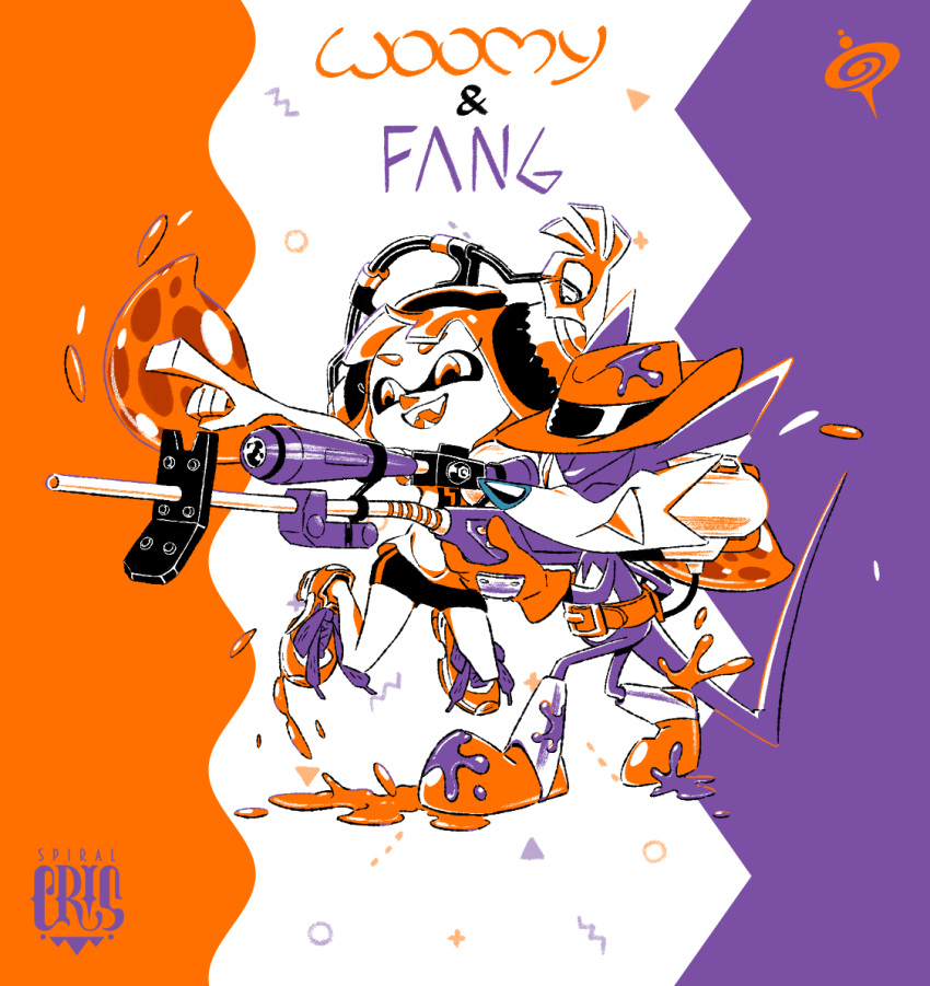 1boy 1girl aiming belt bike_shorts cowboy_hat crossover e-liter_4k_(splatoon) fang fang_the_sniper full_body gloves gun hat headphones holding holding_gun holding_weapon inkling_girl inkling_player_character ok_sign one_eye_closed paint_splatter pointing rifle scope sniper_rifle sonic_(series) spiral_cris splatoon_(series) tentacle_hair weapon