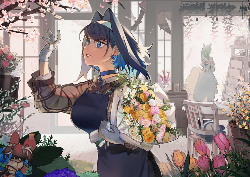 4girls absurdres apron blue_eyes blue_hair bouquet bow bow_earrings branch ceres_fauna cherry_blossoms choker earrings english_commentary eus_ing flower flower_shop gloves hair_intakes hakos_baelz highres holding holding_bouquet hololive hololive_english jewelry kronie_(ouro_kronii) long_sleeves multiple_girls nanashi_mumei ouro_kronii pink_flower pink_rose pink_tulip rose sanallite_(tsukumo_sana) shop short_hair tulip virtual_youtuber white_flower yellow_flower yellow_rose yellow_tulip