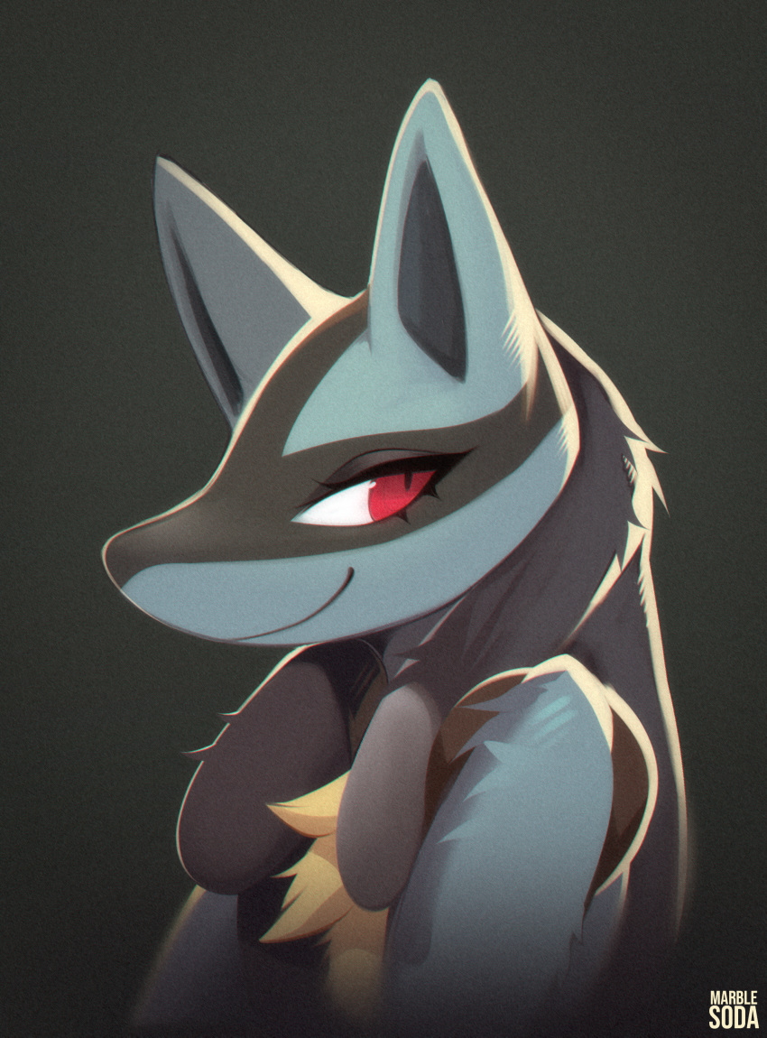 2024 absurd_res anthro artist_name black_markings blue_body blue_fur chest_tuft digital_media_(artwork) eyelashes fur generation_4_pokemon hi_res lucario marblesoda markings nintendo pokemon pokemon_(species) red_eyes shaded simple_background smile solo tuft