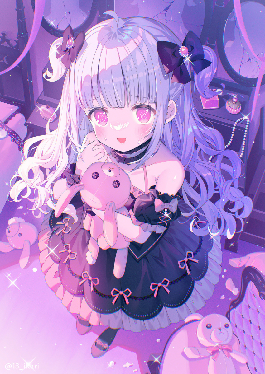 1girl @_@ ahoge bare_shoulders bed bedroom black_bow black_collar black_dress blunt_bangs blush bottle bow broken_mirror collar commentary_request detached_collar detached_sleeves dress flask from_above full_body hair_bow highres holding holding_stuffed_toy ikari_(aor3507) jewelry long_hair looking_at_viewer mirror multiple_hair_bows necklace open_mouth original pearl_necklace perfume_bottle pink_bow ribbon-trimmed_dress solo sparkle standing strap stuffed_animal stuffed_rabbit stuffed_toy sweat two_side_up white_hair