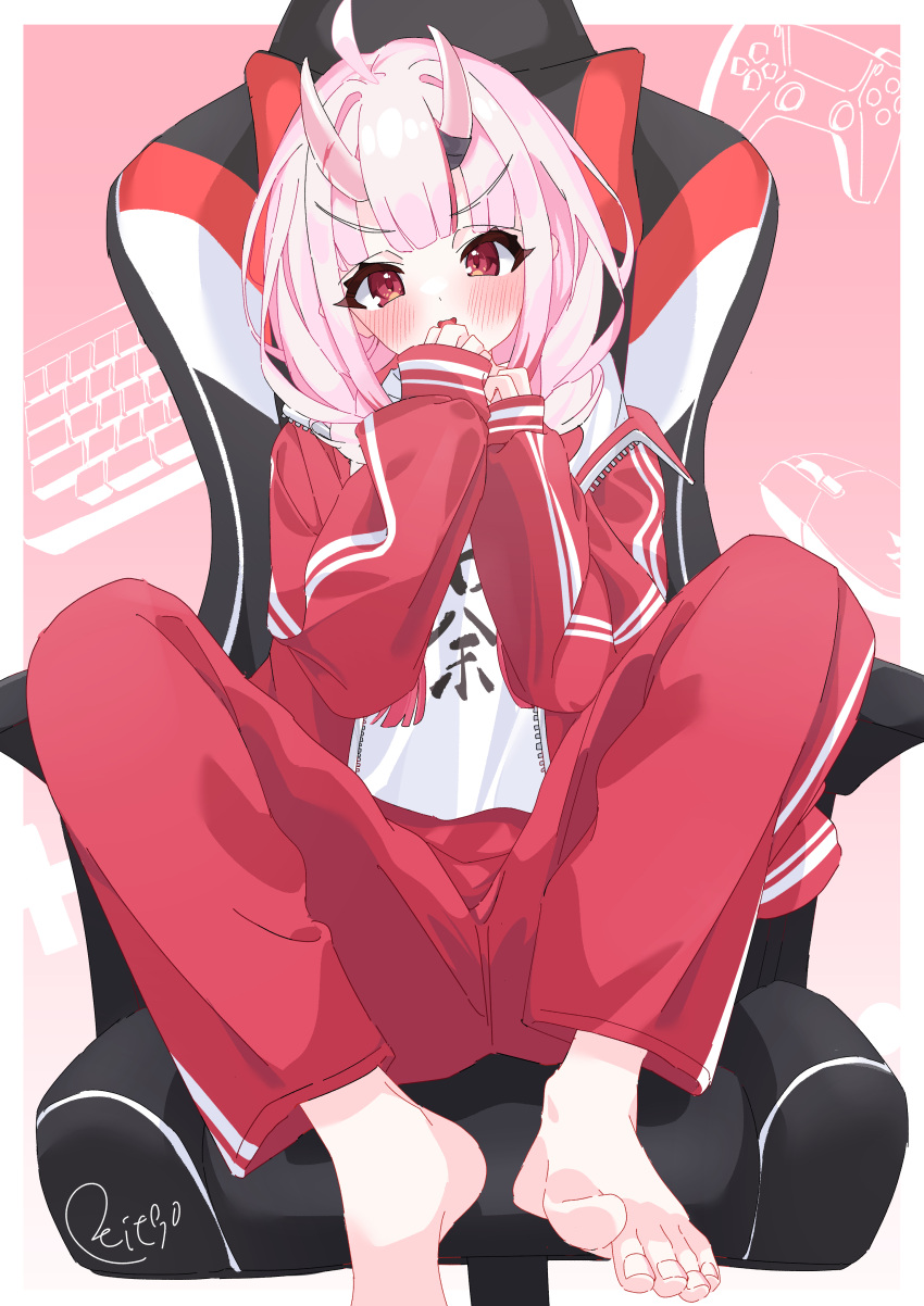 1girl absurdres bare_shoulders blush chair gaming_chair gradient_hair grey_hair highres hololive horns jacket looking_at_viewer multicolored_hair nakiri_ayame nakiri_ayame_(7th_costume) official_alternate_costume oni open_clothes open_jacket open_mouth pants red_hair red_jacket red_pants reitou_mkn shirt skin-covered_horns solo swivel_chair track_jacket track_pants virtual_youtuber white_shirt