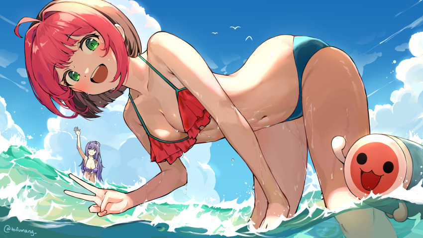 2girls :d ahoge alisa_(osu!) arm_up beach bent_over bikini black_hair blue_eyes blue_sky breasts cleavage cloud collarbone frilled_bikini frills green_eyes highres large_breasts medium_breasts multicolored_hair multiple_girls navel osu! pink_hair pippi_(osu!) purple_bikini purple_hair second-party_source simple_bird sky smile solo_focus summer swimsuit taiko_no_tatsujin teeth tofumang twitter_username two-tone_hair upper_teeth_only v wada_don wading waves waving wet