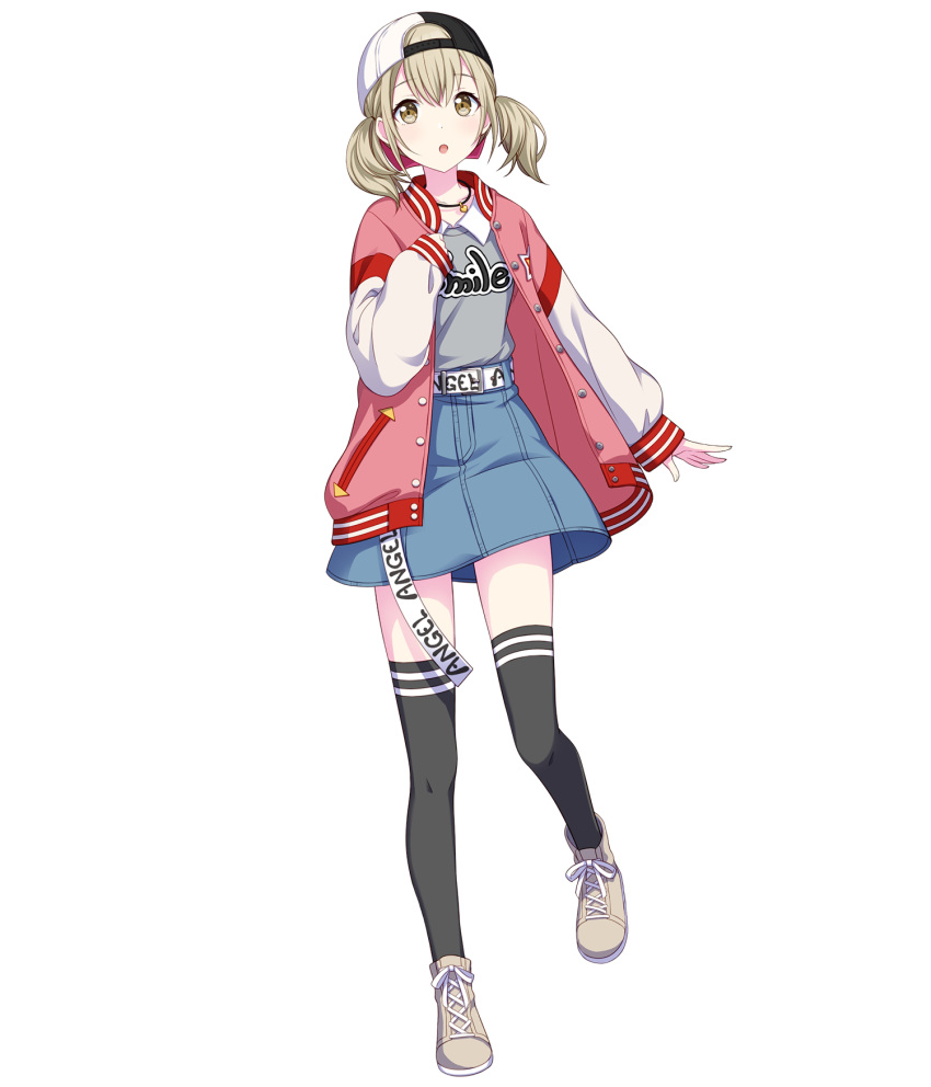 1girl :o azusawa_kohane backwards_hat baseball_cap belt black_hat black_thighhighs blonde_hair brown_eyes brown_footwear denim denim_skirt full_body grey_shirt hat highres jacket jewelry letterman_jacket long_sleeves looking_up multicolored_hat necklace non-web_source official_art project_sekai shirt shoes short_twintails skirt sneakers solo tachi-e thighhighs transparent_background twintails white_hat