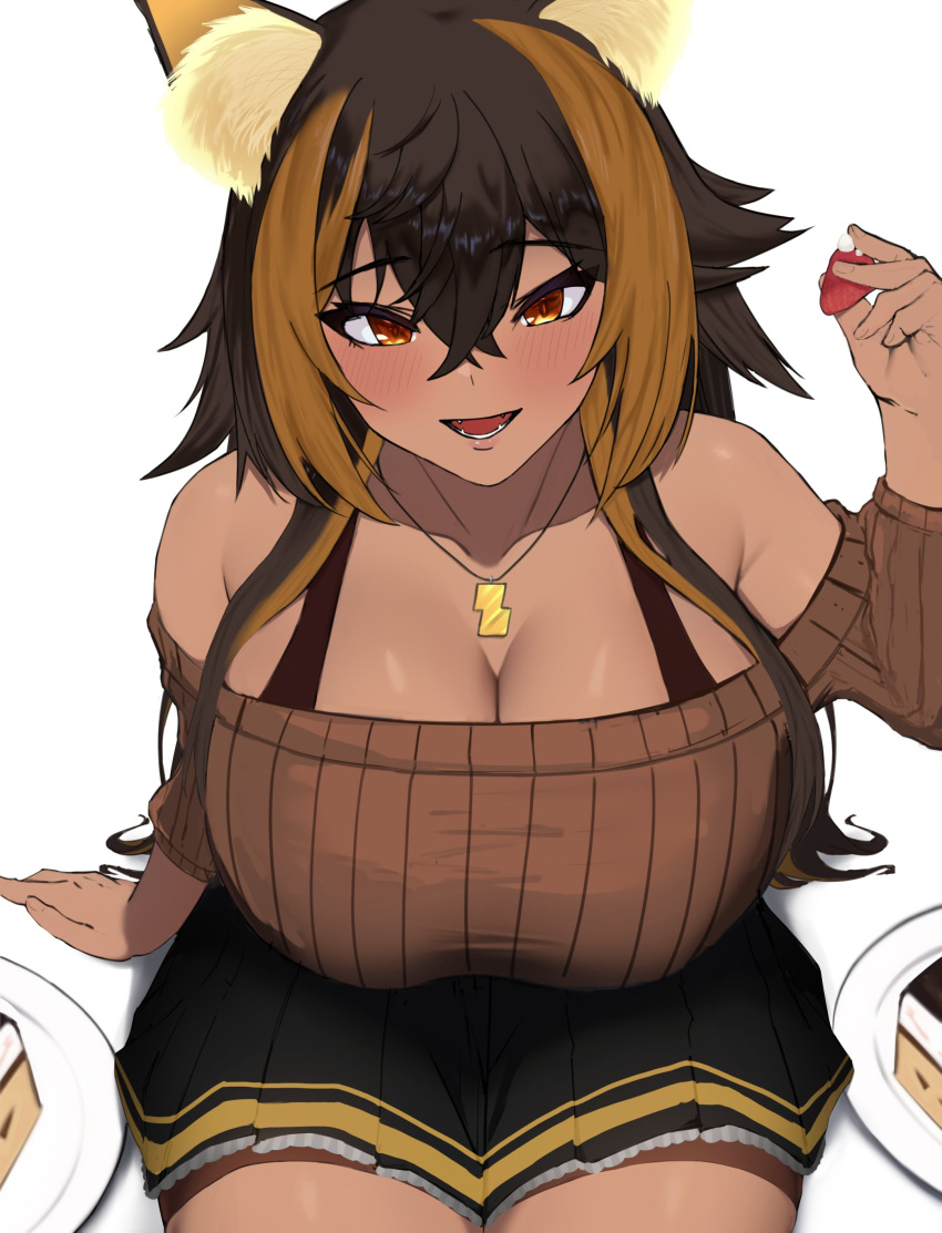 1girl absurdres animal_ear_fluff animal_ears black_hair black_skirt blonde_hair blush breasts brown_eyes brown_sweater cat_ears cat_girl cleavage collarbone crossed_bangs dark-skinned_female dark_skin fangs hair_between_eyes highres holding indie_virtual_youtuber jewelry large_breasts long_hair necklace nekoyo_chloe nohohon_pictures open_mouth plate pleated_skirt ribbed_sweater sitting skirt solo sweater virtual_youtuber