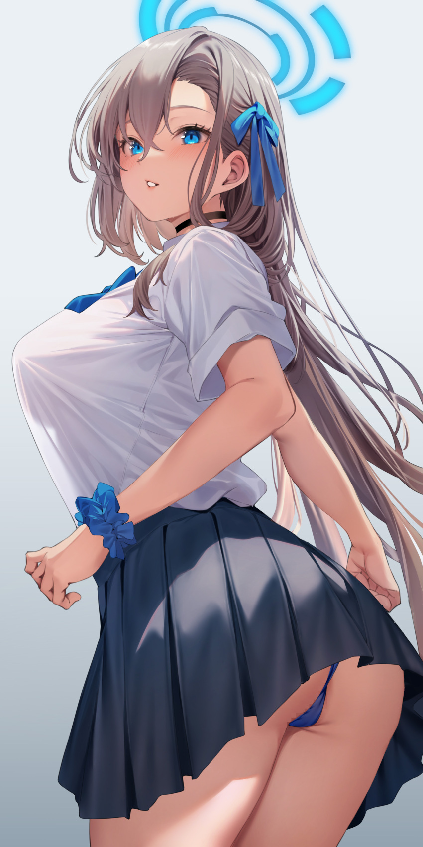 1girl absurdres amagimei ass asuna_(blue_archive) black_skirt blue_archive blue_bow blue_bowtie blue_eyes blue_halo blue_panties blue_ribbon blush bow bowtie breasts from_behind grey_background grey_hair hair_between_eyes hair_ornament hair_ribbon halo highres large_breasts long_hair looking_at_viewer looking_back panties parted_lips pleated_skirt ribbon school_uniform shirt shirt_tucked_in short_sleeves simple_background skirt solo thighs underwear white_shirt