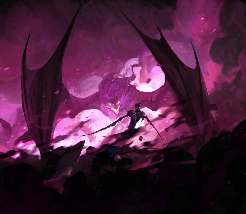 1boy arm_blade armor battle commentary debris dominik_mayer dragon dragonshield english_commentary fantasy glowing glowing_eyes highres monster official_art open_mouth pauldrons pink_eyes purple_theme sharp_teeth shoulder_armor smoke tail teeth weapon wide_shot wings wyvern