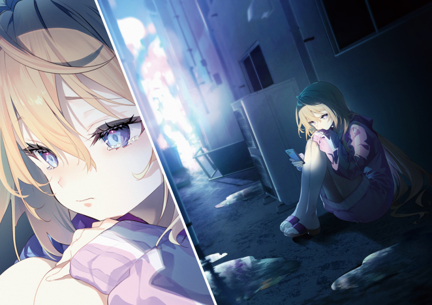 1girl alley bare_legs blonde_hair blue_eyes character_request closed_mouth cowlick eyelashes hair_between_eyes holding holding_phone jacket long_hair mata_korosarete_shimatta_nodesune_tantei-sama novel_illustration official_art phone puddle purple_jacket riichu sandals second-party_source shadow sleeves_past_wrists solo tearing_up toes