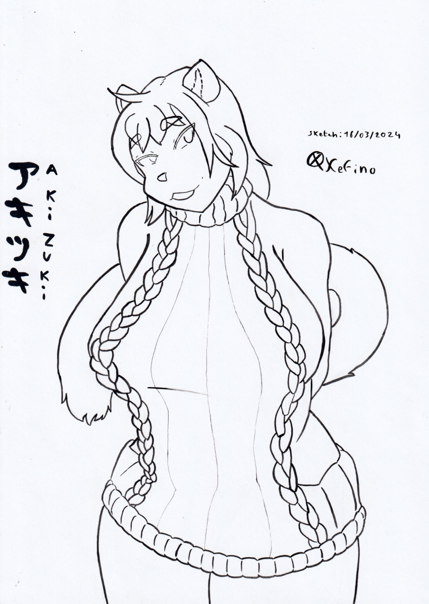 absurd_res akizuki_(xefino) anthro big_breasts bottomless breasts clothed clothing domestic_cat felid feline felis female french_artist hi_res huge_breasts looking_at_viewer mammal mature_female meme meme_clothing monochrome sketch slightly_chubby slightly_chubby_female solo sweater sweater_only tail thick_thighs topwear topwear_only traditional_media_(artwork) unfinished virgin_killer_sweater wide_hips xefino