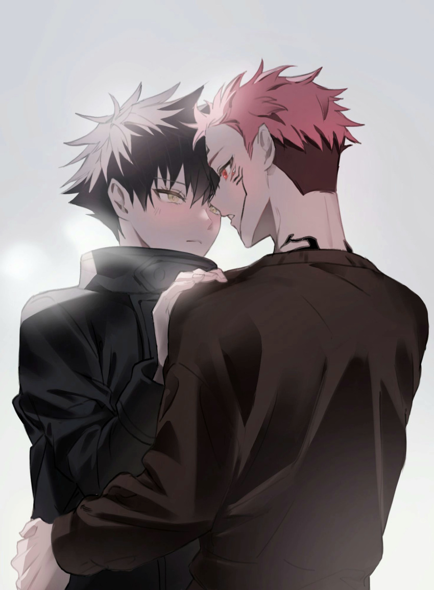 2boys black_coat black_hair blush buttons closed_mouth coat couple extra_eyes eyelashes facial_tattoo fushiguro_megumi green_eyes hair_between_eyes hand_on_another's_hip hand_on_another's_shoulder highres jujutsu_kaisen katana33t korean_commentary long_sleeves looking_at_another male_focus multiple_boys neck_tattoo parted_lips pink_hair red_eyes ryoumen_sukuna_(jujutsu_kaisen) short_hair spiked_hair sweater tattoo yaoi
