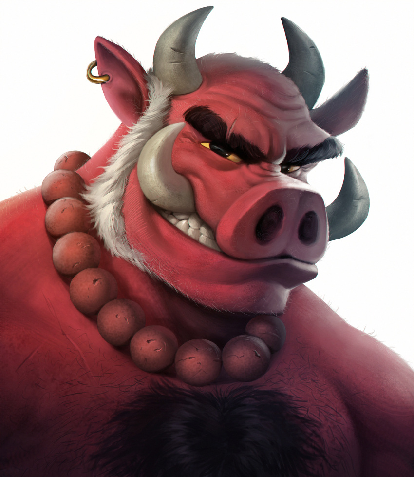 2023 2_horns angry angry_eyes anthro asian_mythology beard black_chest_hair black_eyebrows body_hair chest_hair clothing collar colored demon ear_piercing ear_ring east_asian_mythology eye_scar eyebrows facial_hair facial_scar frown frown_eyebrows frowney_face frowning_at_viewer hair half-closed_eyes hi_res horn japanese_mythology looking_at_viewer male mammal muscular muscular_anthro muscular_male mythology nakvi narrowed_eyes nostrills oni piercing pig_nose portrait red_body red_clothing red_collar red_skin ring_piercing scar shaded simple_background solo suid suina sus_(pig) teeth thick_eyebrows tusks white_background white_hair white_horn wild_boar wrinkles yellow_sclera yokai