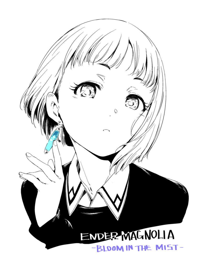 1girl collared_shirt commentary_request cropped_shoulders ender_magnolia_bloom_in_the_mist hamao highres lilac_(ender_magnolia) looking_at_viewer monochrome parted_lips shirt short_hair simple_background solo spot_color