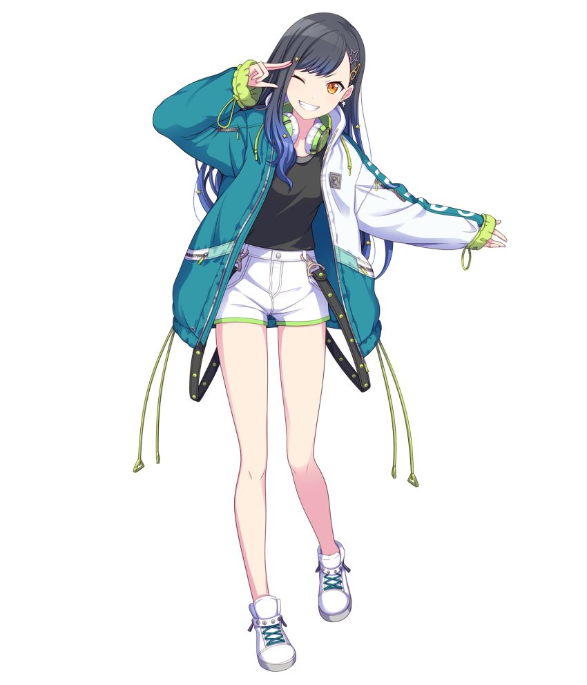 1girl aqua_jacket black_hair black_shirt blue_hair earrings full_body gradient_hair grin hair_ornament hairclip headphones headphones_around_neck highres jacket jewelry long_hair looking_at_viewer multicolored_clothes multicolored_hair multicolored_jacket non-web_source official_art one_eye_closed orange_eyes project_sekai salute shiraishi_an shirt shoes shorts smile sneakers solo tachi-e transparent_background two-finger_salute white_footwear white_jacket white_shorts