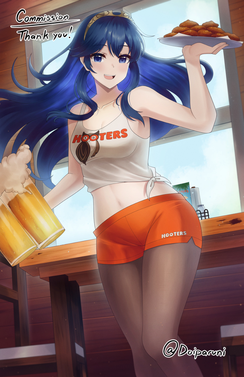 1girl :d bare_shoulders blue_eyes blue_hair brand_of_the_exalt breasts chair chicken_(food) cleavage commission cowboy_shot cup doiparuni fire_emblem fire_emblem_awakening food highres holding holding_cup holding_plate hooters indoors long_hair looking_at_viewer lucina_(fire_emblem) midriff mug navel open_mouth orange_shorts pantyhose plate shirt short_shorts shorts sidelocks sleeveless sleeveless_shirt small_breasts smile solo symbol_in_eye table tank_top tiara tied_shirt white_tank_top window