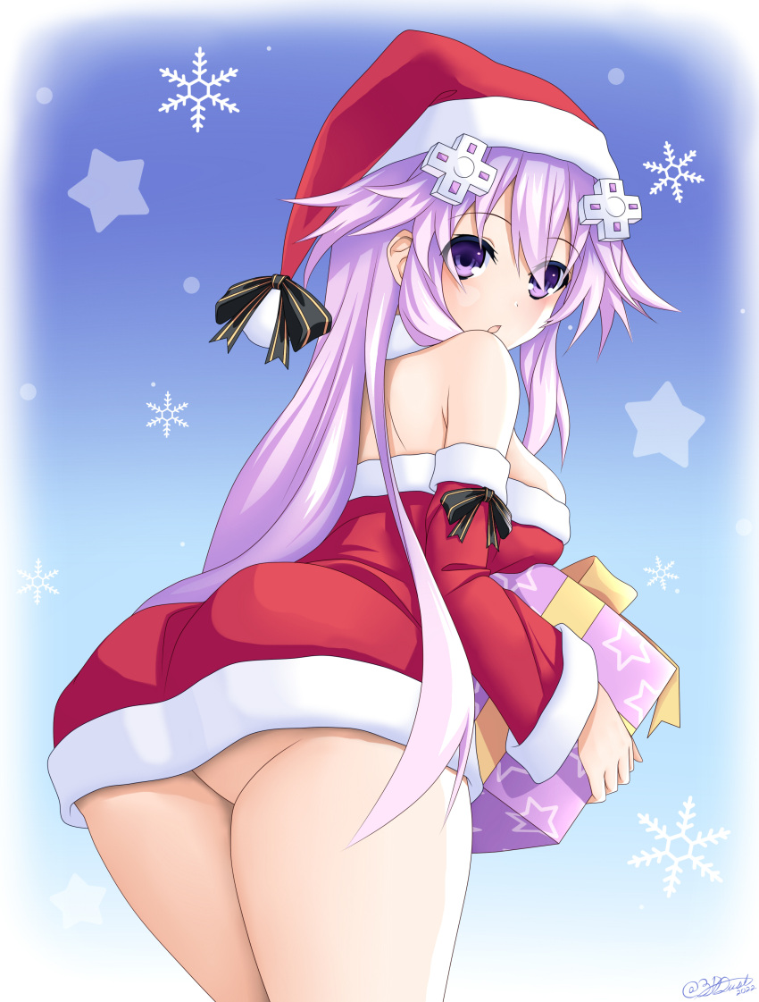 1girl absurdres adult_neptune alexstardust31 ass bare_shoulders black_bow bow box breasts choujigen_game_neptune christmas d-pad d-pad_hair_ornament detached_sleeves dress english_commentary fur-trimmed_dress fur-trimmed_headwear fur-trimmed_sleeves fur_trim gift gift_box hair_ornament hat highres holding holding_gift long_hair looking_at_viewer looking_back medium_breasts neptune_(series) ornament over_shoulder parted_lips pom_pom_(clothes) purple_eyes purple_hair red_dress red_hat red_sleeves santa_costume santa_dress santa_hat sidelocks signature snow snowflake_background snowflakes snowing solo star_(symbol) star_print starry_background thighs