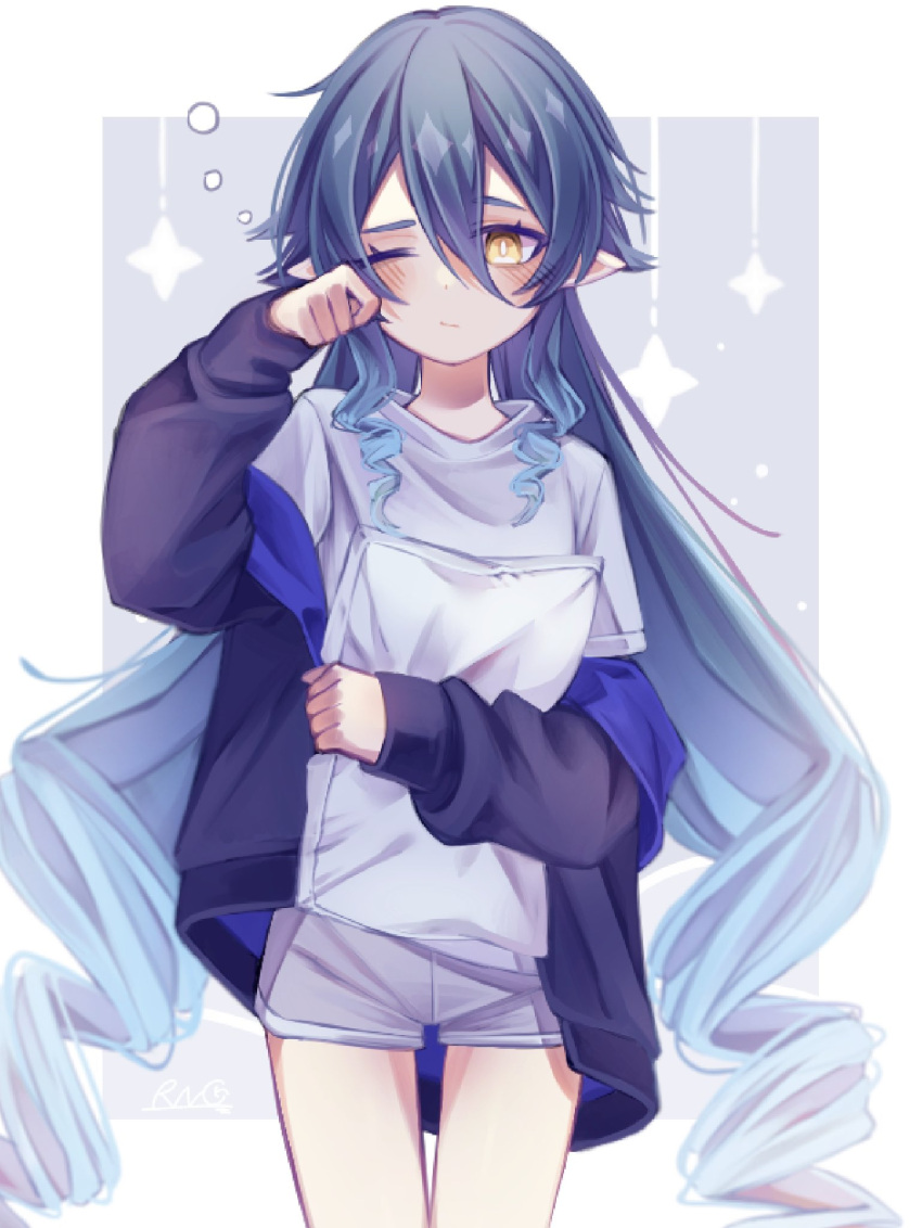 1girl blue_hair genshin_impact hair_between_eyes highres hugging_object jacket layla_(genshin_impact) long_hair long_sleeves looking_at_viewer one_eye_closed pillow pillow_hug shirt short_sleeves shorts sleepy solo standing very_long_hair white_shirt white_shorts yellow_eyes yukarng