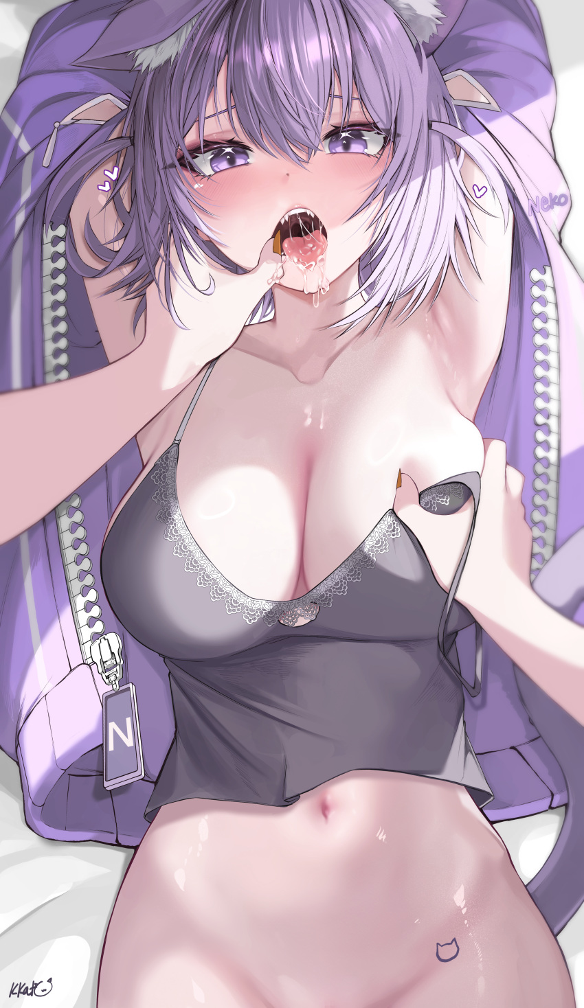 2girls absurdres animal_ear_fluff animal_ears armpits black_camisole blush breasts brown_nails camisole cat_ears cat_girl cat_tail cat_tattoo collarbone commentary drooling english_commentary fangs female_pov finger_in_another's_mouth fingernails groping heart highres hololive inugami_korone jacket kkato large_breasts looking_at_viewer lying medium_hair multiple_girls nail_polish navel nekomata_okayu nekomata_okayu_(membership) official_alternate_costume on_back open_clothes open_jacket open_mouth pov purple_eyes purple_hair purple_jacket purple_tail saliva shiny_skin solo_focus stomach stomach_tattoo strap_slip tail tattoo teeth tongue tongue_out two_side_up upper_teeth_only virtual_youtuber yuri zipper