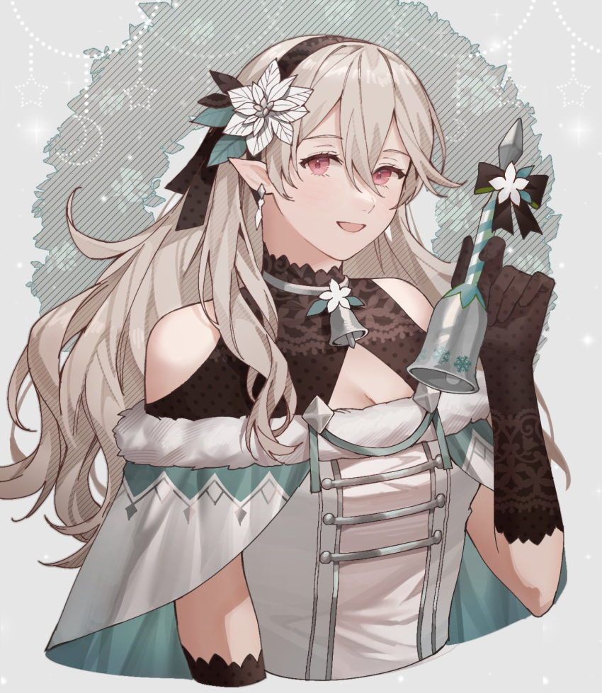 1girl ai_tkkm alternate_costume bare_shoulders bell black_gloves black_hairband christmas clothing_cutout commentary_request corrin_(female)_(fire_emblem) corrin_(fire_emblem) dress earrings fire_emblem fire_emblem_fates flower gloves grey_hair hair_between_eyes hair_flower hair_ornament hairband highres holding holding_bell jewelry long_hair looking_at_viewer open_mouth pointy_ears red_eyes shoulder_cutout smile solo white_dress white_flower