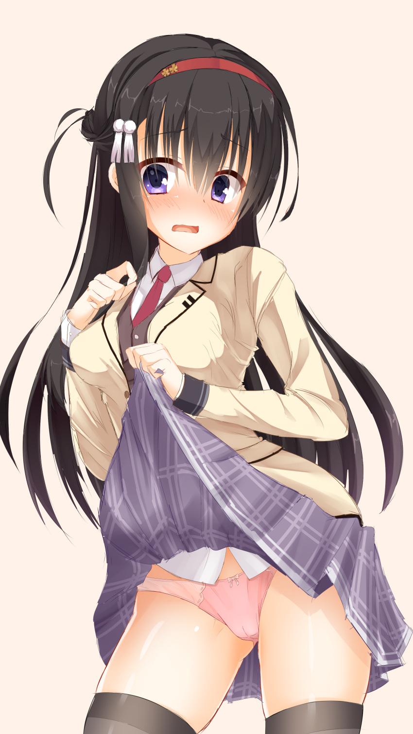 1girl absurdres black_hair black_thighhighs blush cameltoe clip_studio_paint_(medium) clothes_lift collared_shirt commentary_request cowboy_shot embarrassed eyes_visible_through_hair flashing frown grey_skirt hair_between_eyes hair_ornament hairband highres jacket lifted_by_self long_hair long_sleeves looking_at_viewer makochan42 miniskirt necktie nijouin_hazuki nose_blush one_side_up open_mouth panties pink_panties plaid plaid_skirt pleated_skirt purple_eyes red_hairband red_necktie riddle_joker school_uniform shirt simple_background skirt skirt_lift solo straight_hair tassel tassel_hair_ornament thighhighs underwear very_long_hair wavy_mouth white_shirt yellow_background yellow_jacket