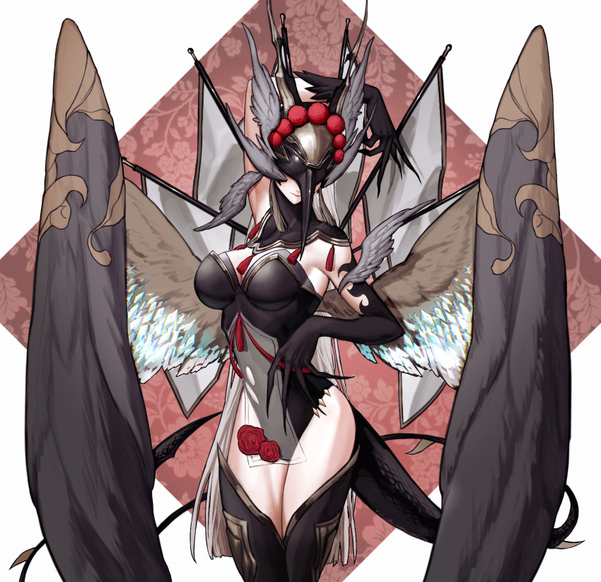 1girl arm_above_head black_gloves black_leotard black_tail black_thighhighs breasts brown_tassel brown_wings cleavage closed_mouth commentary commission covered_eyes cowboy_shot elbow_gloves emo37337640 facing_viewer flag flower gloves grey_hair grey_wings helmet highres large_breasts leiyun_(leishen) leotard lips long_fingers long_hair mask monster_girl multicolored_wings original red_flower red_tassel second-party_source skeb_commission smile solo tail tassel thighhighs torn_clothes torn_leotard very_long_hair white_wings winged_helmet wings
