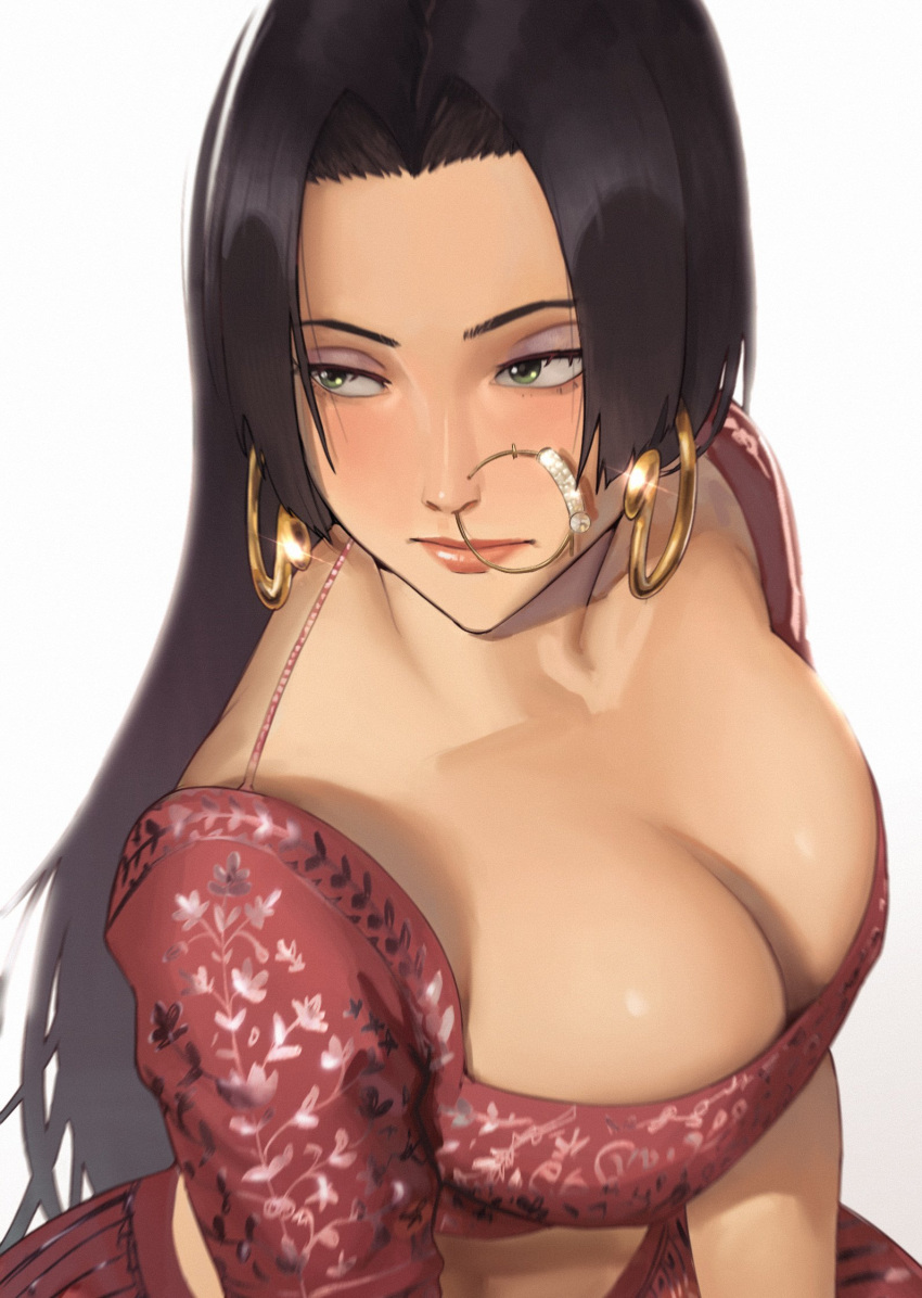 1girl alternate_costume black_hair boa_hancock breasts cleavage closed_mouth collarbone commentary dress earrings english_commentary green_eyes highres indian_clothes jewelry large_breasts long_hair nose_piercing nose_ring one_piece piercing pplord snake_earrings solo