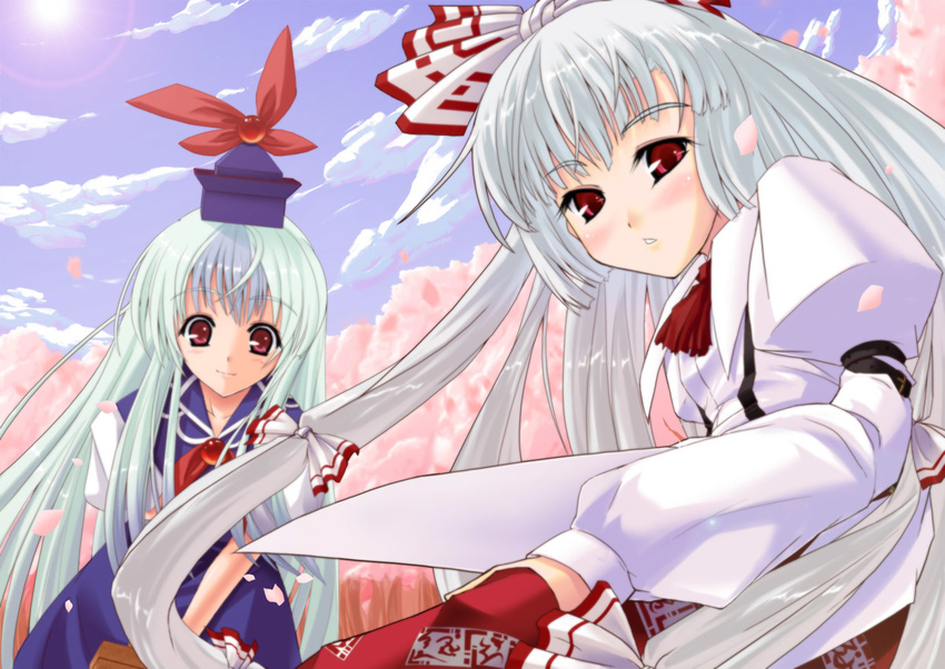 bangs blue_dress blunt_bangs blush cherry_blossoms day dress fujiwara_no_mokou hat kamishirasawa_keine kanata_daiki long_hair long_sleeves looking_at_viewer multiple_girls outdoors red_eyes silver_hair spring_(season) suspenders tate_eboshi touhou very_long_hair