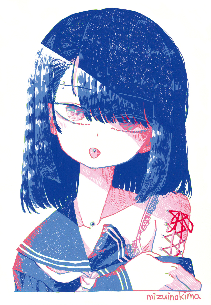 1girl absurdres asymmetrical_bangs blue_eyes blue_hair blue_sailor_collar blue_shirt bra bra_strap clothes_pull corset_piercing cropped_torso eyebrow_piercing head_tilt highres lace lace_bra limited_palette long_sleeves looking_at_viewer medium_hair mizuinokima neck_piercing neckerchief original piercing pink_eyes pulled_by_self sailor_collar school_uniform serafuku shirt simple_background single_bare_shoulder solo tongue tongue_out tongue_piercing traditional_media two-tone_eyes underwear upper_body white_background white_neckerchief