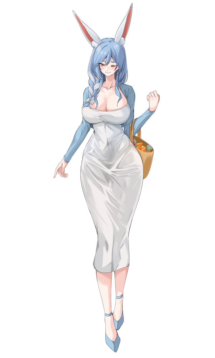 1girl ;) absurdres animal_ear_fluff animal_ears blue_hair blue_jacket braid breasts carrot cleavage condom_box covered_navel dongtan_dress dress full_body hair_over_shoulder highres hololive huge_breasts jacket meme_attire multicolored_hair one_eye_closed pekomama rabbit_ears scoop_neck simple_background smile solo taut_clothes taut_dress two-tone_hair vanko_(vank0a) white_background white_dress white_hair
