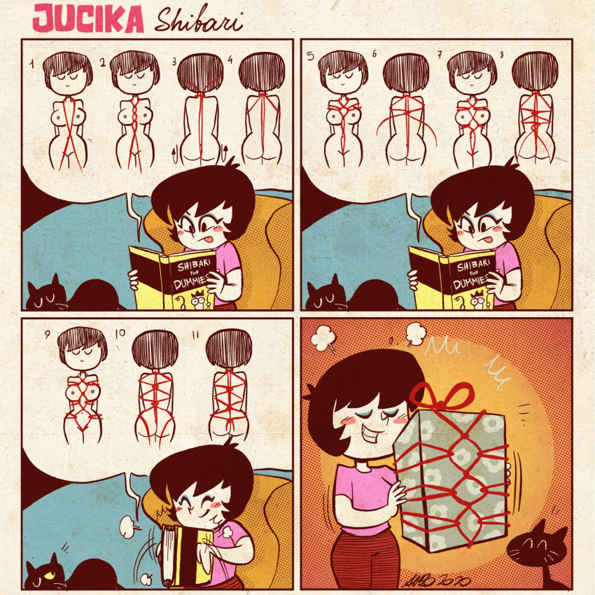 1girl albo black_hair blue_eyeshadow blush_stickers book box breasts cat closed_eyes commentary eyeshadow for_dummies gift gift_box grin highres holding holding_book jucika jucika_(comic) large_breasts makeup motion_lines nipples one_eye_closed reading red_rope rope shibari short_hair signature smile tongue tongue_out toon_(style) whiskers wide_hips