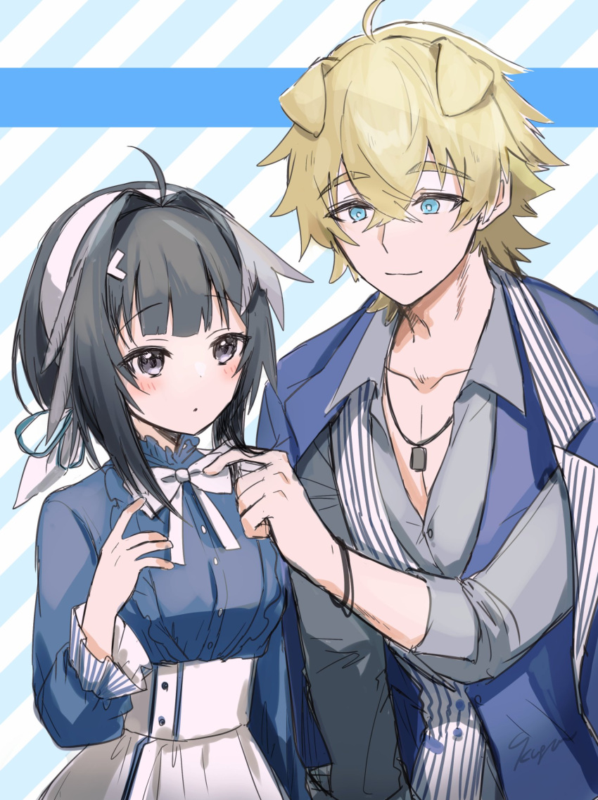 1boy 1girl 9kugai adjusting_another's_clothes ahoge animal_ears arknights bird_girl black_eyes black_hair blonde_hair blue_dress blue_eyes blue_jacket bow brother_and_sister buttons collarbone crossed_bangs dog_boy dog_ears dress extra_ears feather_hair grey_shirt hair_intakes hairband hand_up highres jacket jacket_on_shoulders jewelry la_pluma_(arknights) lawson long_sleeves necklace official_alternate_costume ribbon shirt short_hair short_sleeves siblings step-siblings striped_clothes upper_body white_bow white_hairband white_ribbon