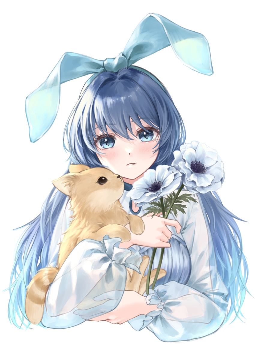 1girl absurdres anemone_(flower) animal blue_bow blue_eyes blue_hair blue_theme bow creature dot_nose expressionless flower hair_bow hair_intakes highres holding holding_animal holding_flower long_hair looking_at_viewer nagisa_(pan_to_honey) original parted_lips see-through see-through_sleeves simple_background solo straight-on upper_body white_background