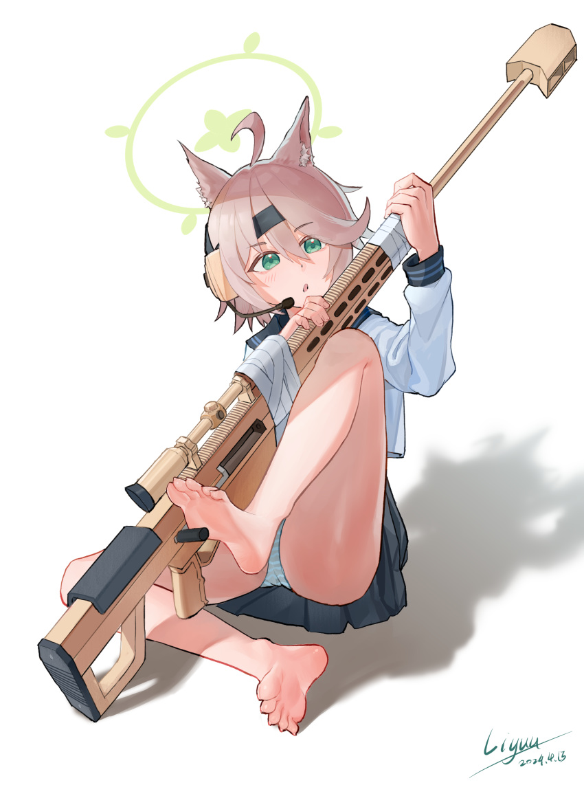 1girl absurdres ahoge animal_ears artist_name ass bare_legs barefoot blue_archive blue_sailor_collar blue_skirt commentary dated feet fox_ears fox_girl full_body green_eyes gun halo headband headgear highres leg_up legs li_yu_liyu light_brown_hair long_sleeves otogi_(blue_archive) panties pantyshot pleated_skirt reloading rifle sailor_collar school_uniform serafuku shadow shirt signature simple_background sitting skirt sniper_rifle solo striped_clothes striped_panties thighs toes underwear weapon weapon_request white_background white_shirt