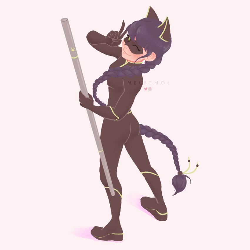 1girl animal_ears black_bodysuit black_mask blue_hair bodysuit braid cat_ears cat_girl highres holding holding_weapon lady_noir long_hair marinette_dupain-cheng mask melbemol miraculous_ladybug one_eye_closed simple_background single_braid smile solo superhero_costume v weapon white_background