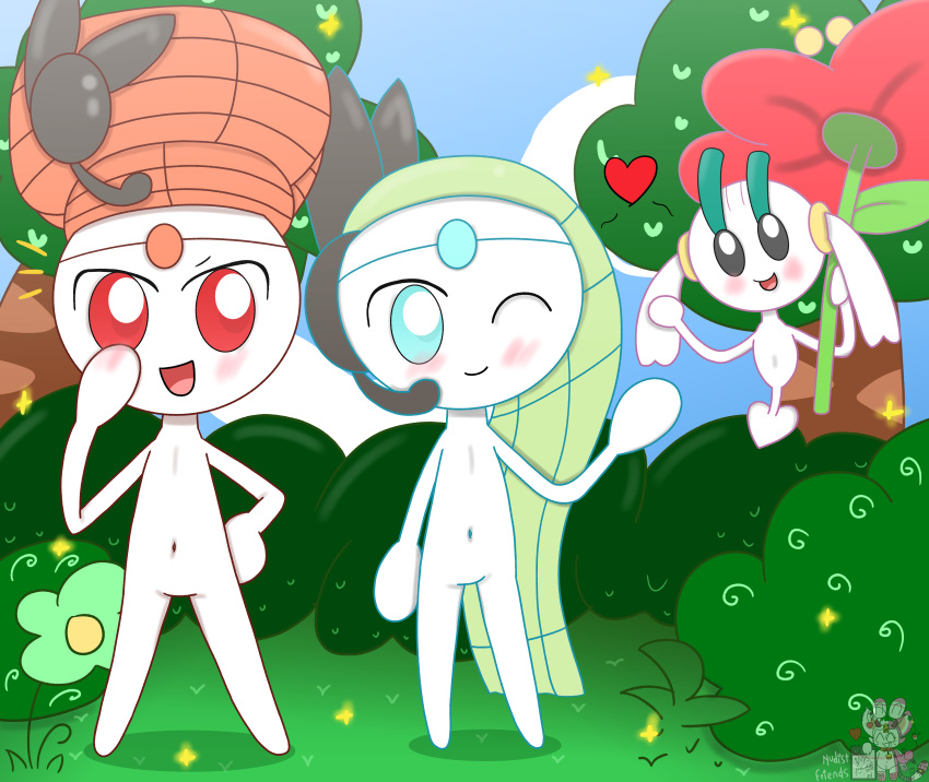 absurd_res anthro blush digital_media_(artwork) female female/female floette forest forest_background generation_5_pokemon generation_6_pokemon green_hair group hair hi_res legendary_pokemon meloetta meloetta_(aria_form) meloetta_(pirouette_form) mrsnyawashi nature nature_background navel nintendo nude plant pokemon pokemon_(species) safe_nudity tree trio white_body