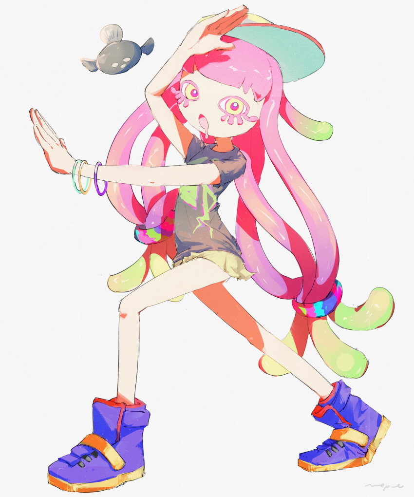 1girl :o baseball_cap black_shirt blue_footwear bracelet clownfish colored_eyelashes commentary drooling fish full_body gradient_hair green_hair hair_ornament hair_scrunchie hand_on_own_head harmony's_clownfish_(splatoon) harmony_(splatoon) hat highres jewelry long_hair miniskirt mouth_drool multicolored_hair open_mouth outstretched_arms pink_hair pink_pupils pppmepl print_shirt scrunchie shirt short_sleeves skirt solo splatoon_(series) splatoon_3 striped_clothes striped_headwear symbol-only_commentary tentacle_hair tilted_headwear very_long_hair white_background yellow_eyes yellow_skirt