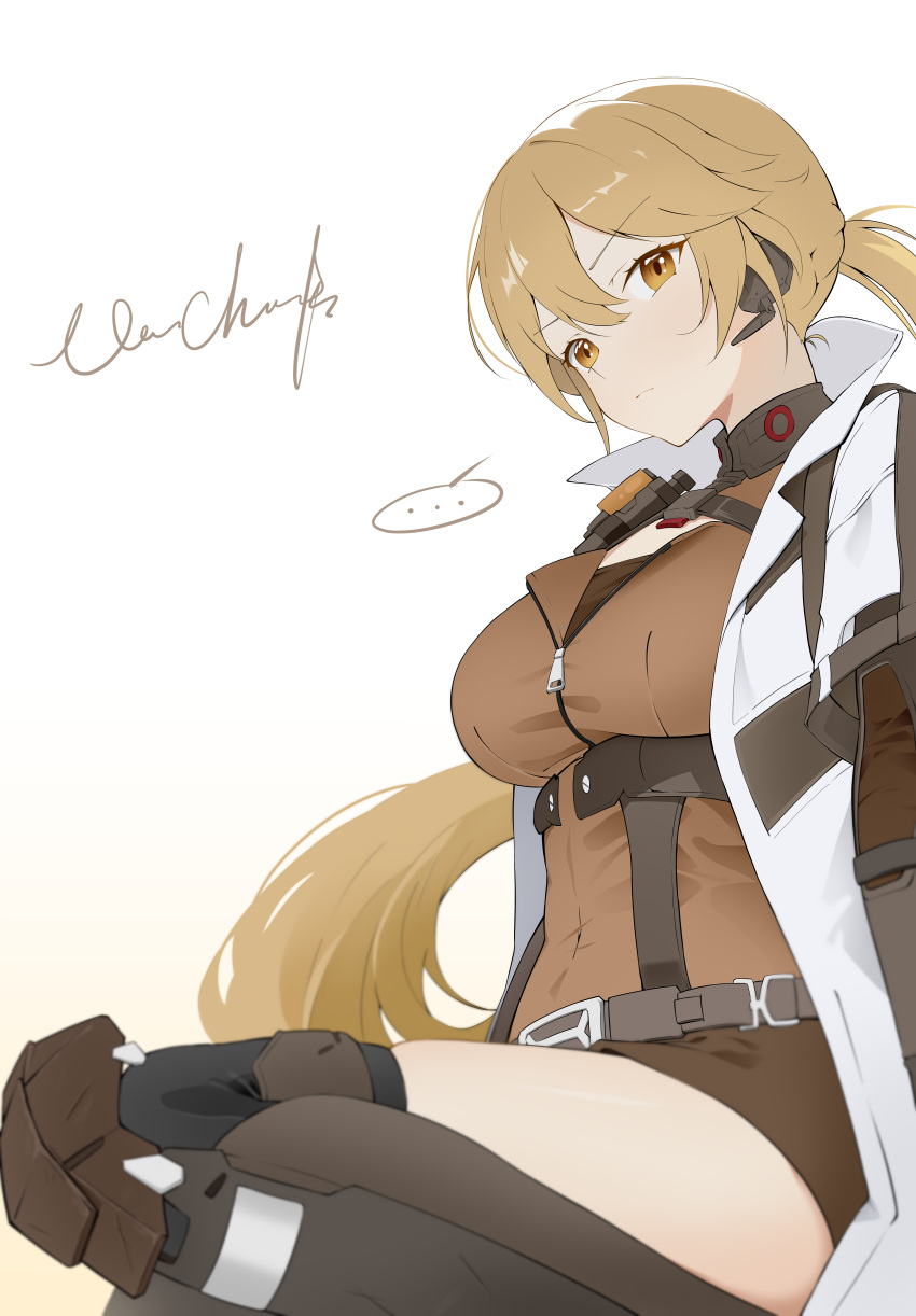 ... 1girl absurdres blonde_hair brown_shorts closed_mouth coat earpiece english_commentary girls'_frontline girls'_frontline_2:_exilium gradient_background hair_between_eyes highres long_hair looking_at_viewer orange_eyes ots-14_(girls'_frontline) ponytail shorts simple_background sitting solo speech_bubble vinnie_cheeks white_coat