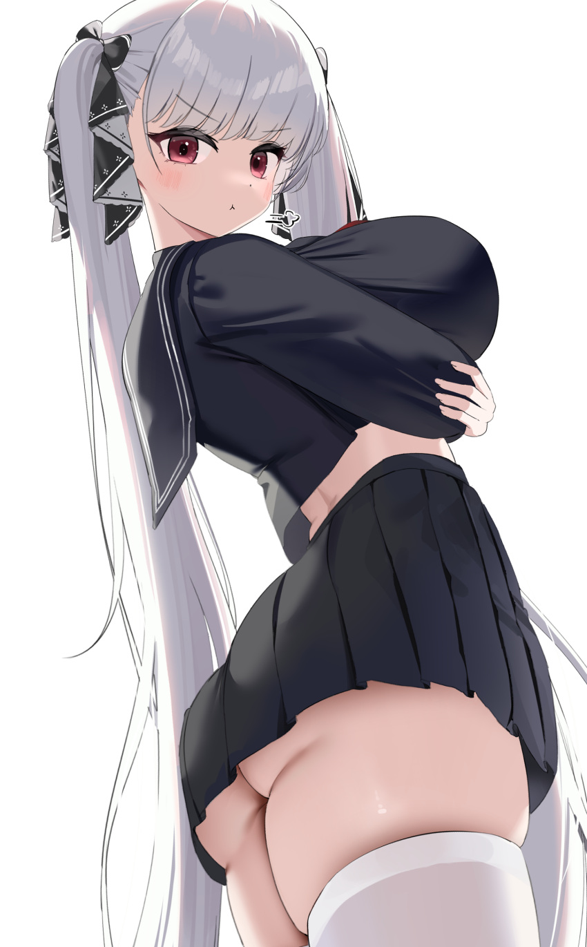 1girl absurdres arms_under_breasts ass azur_lane black_serafuku black_shirt black_skirt breasts closed_mouth formidable_(azur_lane) formidable_(the_lover's_heart_flutters_on_duty)_(azur_lane) from_side grey_hair highres large_breasts long_hair looking_at_viewer looking_to_the_side nicorima pleated_skirt pout puff_of_air red_eyes school_uniform serafuku shirt simple_background skindentation skirt solo thighhighs twintails very_long_hair white_background white_thighhighs