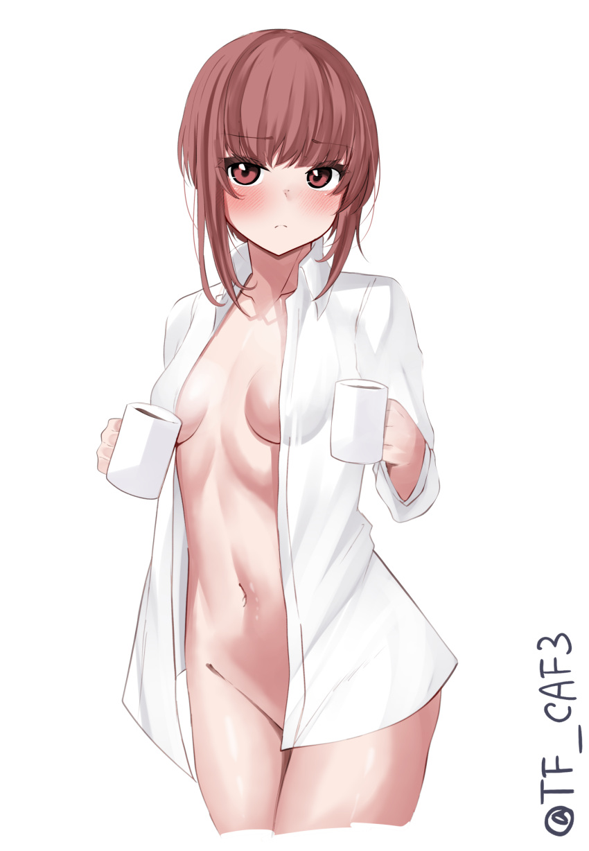1girl alternate_costume blush breasts cleavage coffee coffee_mug collared_shirt commentary_request cowboy_shot cropped_legs cup dress_shirt groin highres holding holding_cup kantai_collection long_sleeves looking_at_viewer mug naked_towel navel one-hour_drawing_challenge red_eyes red_hair shirt small_breasts solo tf_cafe towel white_shirt z3_max_schultz_(kancolle)