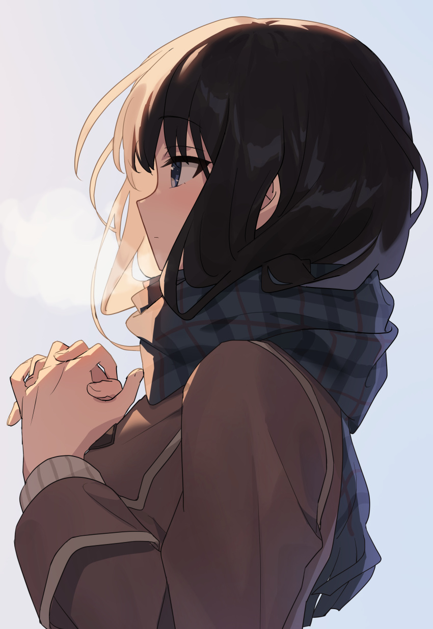 1girl absurdres bad_link black_hair breath brown_jacket chorefuji closed_mouth commentary_request from_side grey_background grey_eyes hands_up highres jacket long_sleeves original own_hands_together plaid plaid_scarf scarf solo sweater_under_jacket upper_body