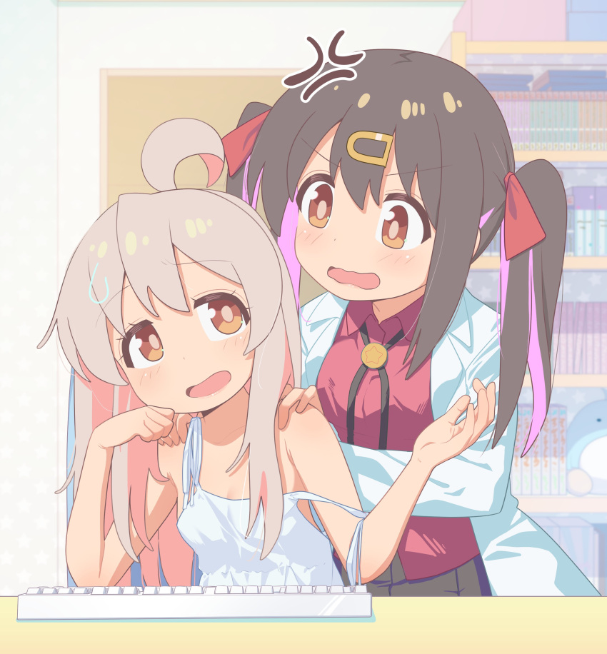2girls absurdres ahoge anger_vein angry bare_arms black_ribbon blush bookshelf bright_pupils brown_eyes brown_hair camisole collared_shirt colored_inner_hair commentary_request fighting frown hair_between_eyes hair_ornament hair_ribbon hairclip hands_on_another's_shoulders highres indoors keyboard_(computer) light_brown_hair long_hair long_sleeves looking_at_another multicolored_hair multiple_girls neck_ribbon onii-chan_wa_oshimai! open_mouth oyama_mahiro oyama_mihari pink_hair red_ribbon red_shirt ribbon shiina_excel shirt siblings sisters spaghetti_strap strap_slip sweatdrop tareme twintails upper_body v-shaped_eyebrows very_long_hair wavy_mouth white_camisole