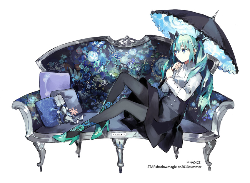 2013 aqua_eyes aqua_hair artist_name copyright_name couch flower hatsune_miku high_heels long_hair pantyhose robot sitting skirt solo starshadowmagician umbrella vocaloid voice_(vocaloid)