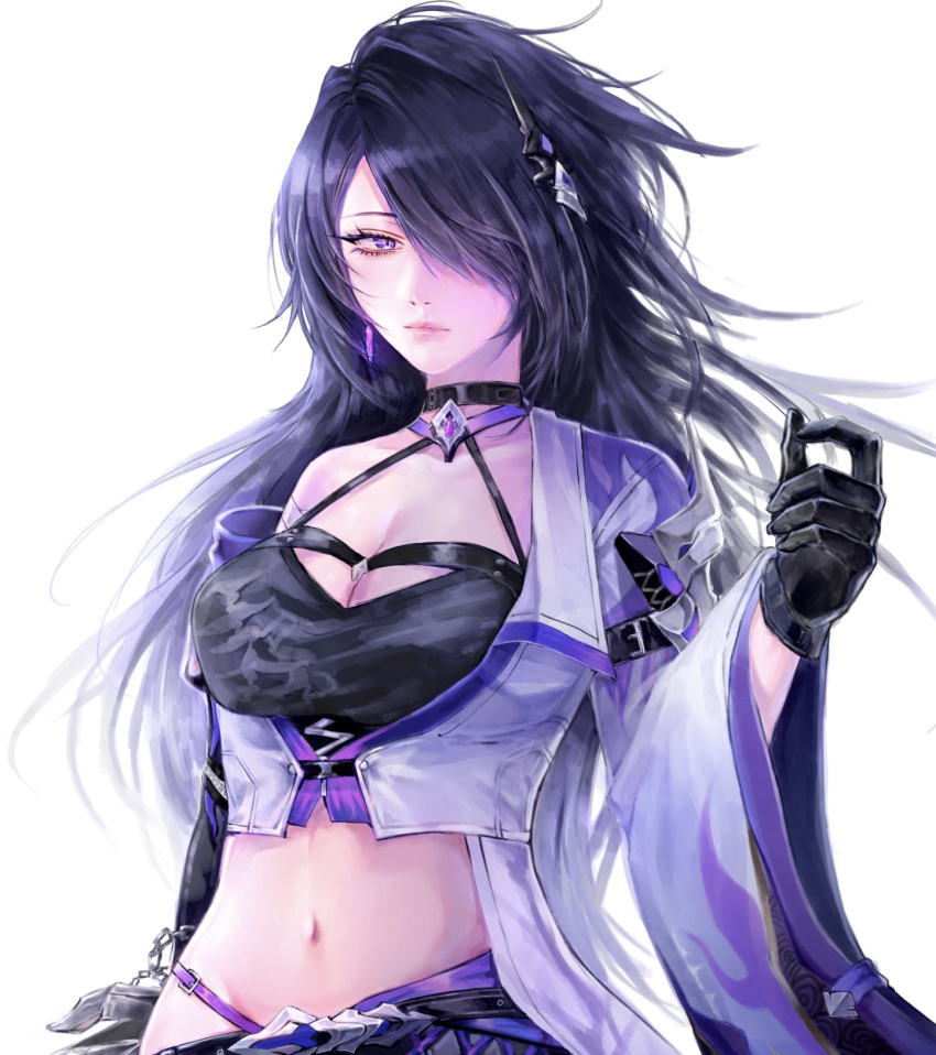 1girl acheron_(honkai:_star_rail) armor bandaged_arm bandages belt black_belt black_choker black_gloves breasts chain choker cleavage closed_mouth coat criss-cross_halter detached_sleeves gloves hair_ornament hair_over_one_eye halterneck hand_up highres honkai:_star_rail honkai_(series) large_breasts long_hair looking_at_viewer midriff multicolored_hair navel pink_lips purple_eyes purple_hair shoulder_armor simple_background single_bare_shoulder solo streaked_hair upper_body very_long_hair victim0flove white_background white_coat