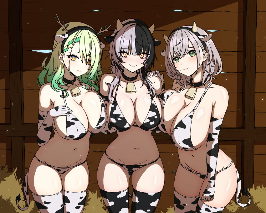 3girls absurdres animal_ears animal_print asymmetrical_docking bell bikini breast_press breasts ceres_fauna cleavage cow_ears cow_girl cow_horns cow_print cow_print_bikini cowbell daydarion green_eyes grey_hair highres hololive hololive_english horns huge_breasts large_breasts long_hair multiple_girls navel print_bikini shiori_novella shirogane_noel swimsuit thighhighs thighs virtual_youtuber