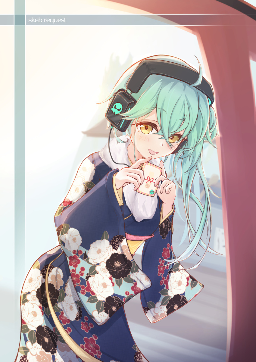 1girl antonina_(neural_cloud) commission contrail_mk1 cowboy_shot girls'_frontline_neural_cloud headset highres holding holding_paper japanese_clothes kimono long_hair looking_at_viewer messy_hair omikuji open_mouth paper skeb_commission smile solo torii yellow_eyes